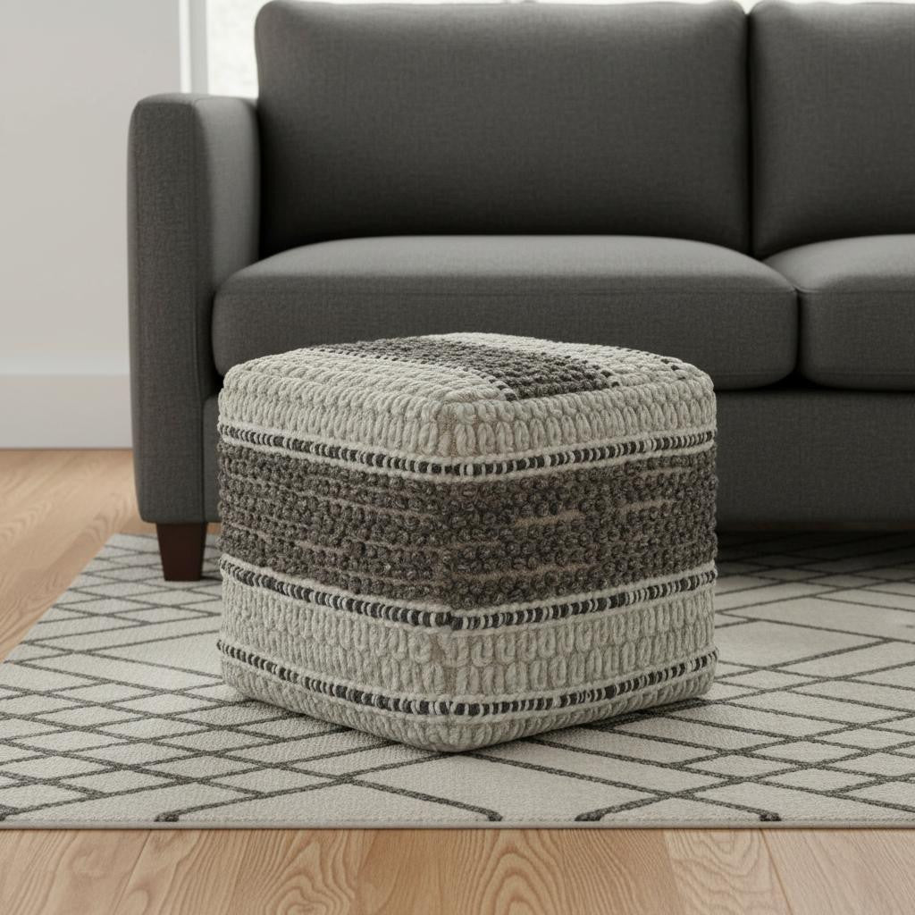 18 Inch Brown and Gray Cotton and Wool Striped Pouf Ottoman
