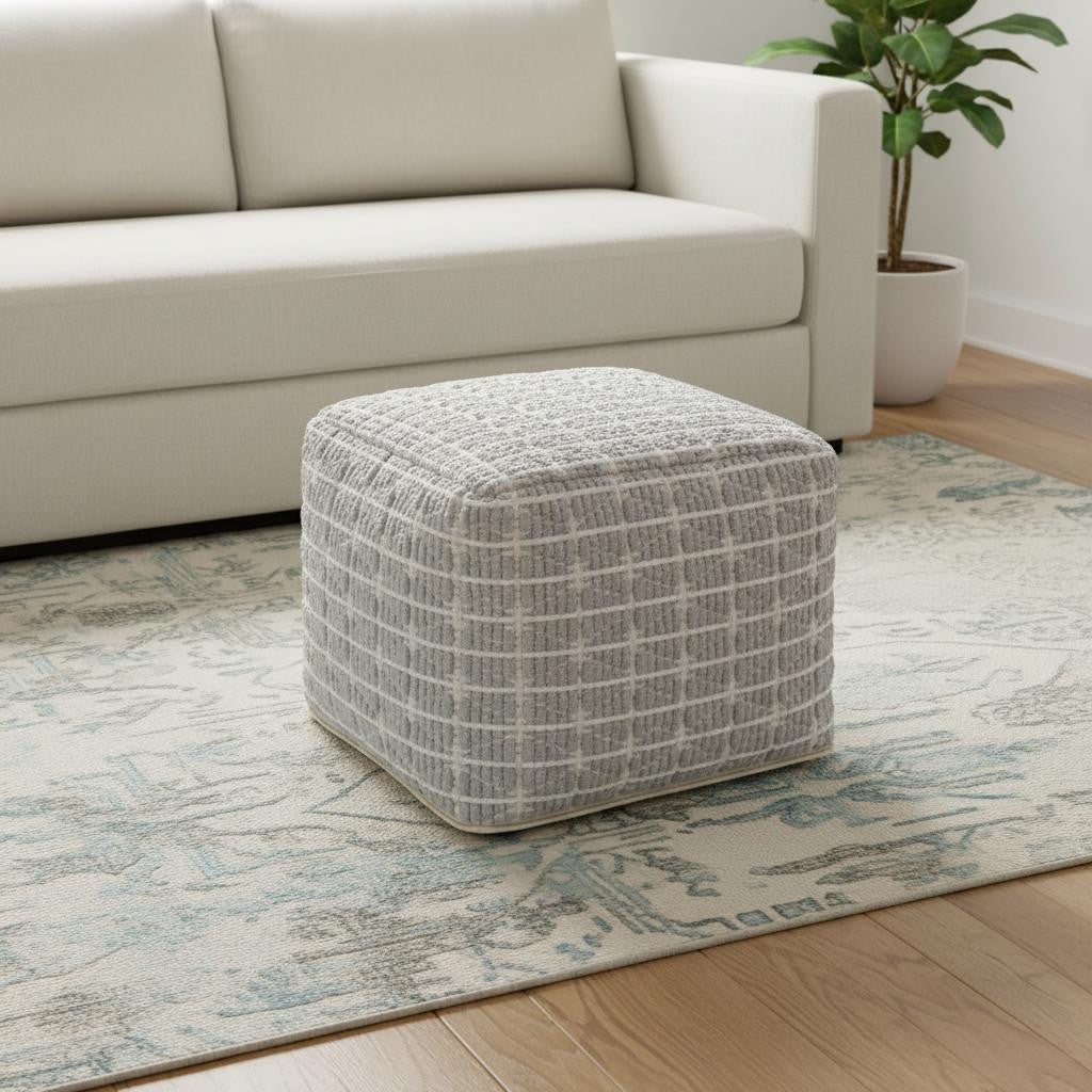 18 Inch Light Blue and White Cotton Geometric Pouf Ottoman