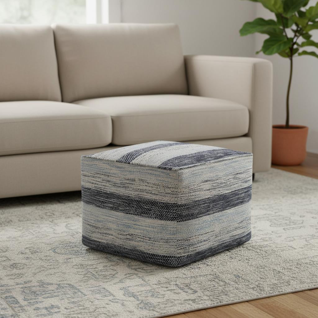 18 Inch Blue Cotton Striped Pouf Ottoman