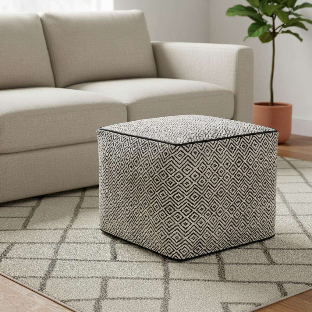 18 Inch Black and White Cotton Geometric Pouf Ottoman