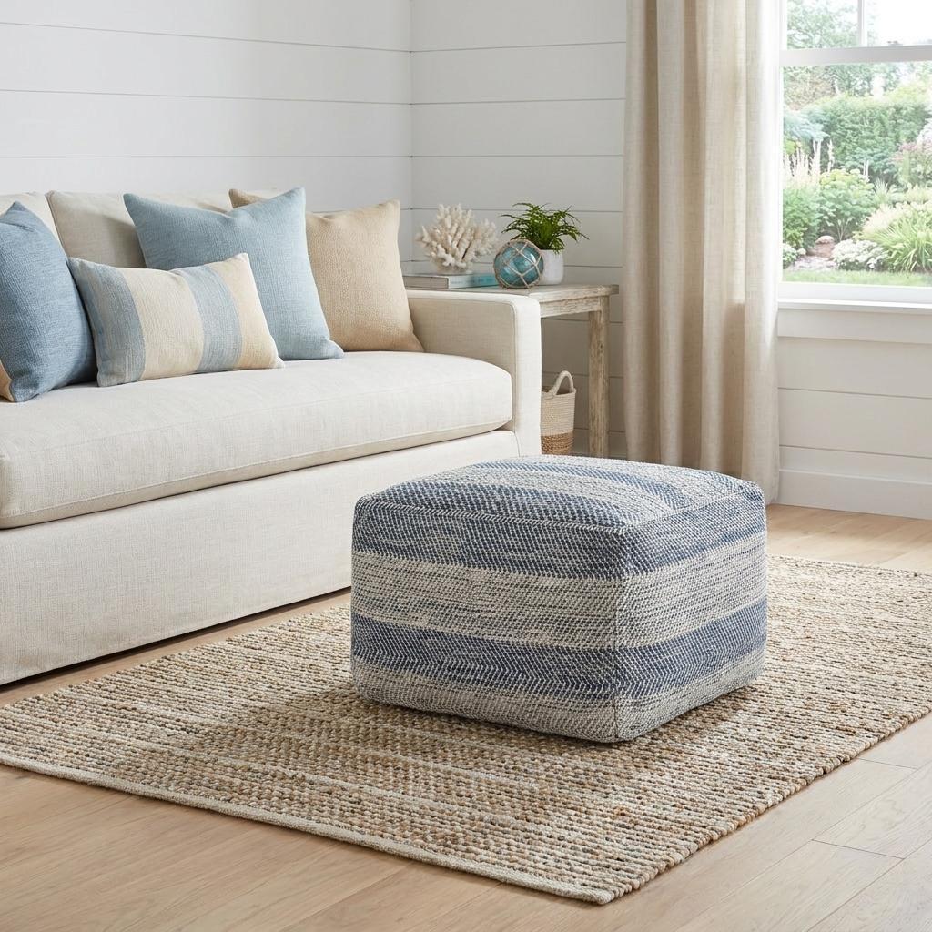 18 Inch Teal Blue and White Cotton Striped Pouf Ottoman