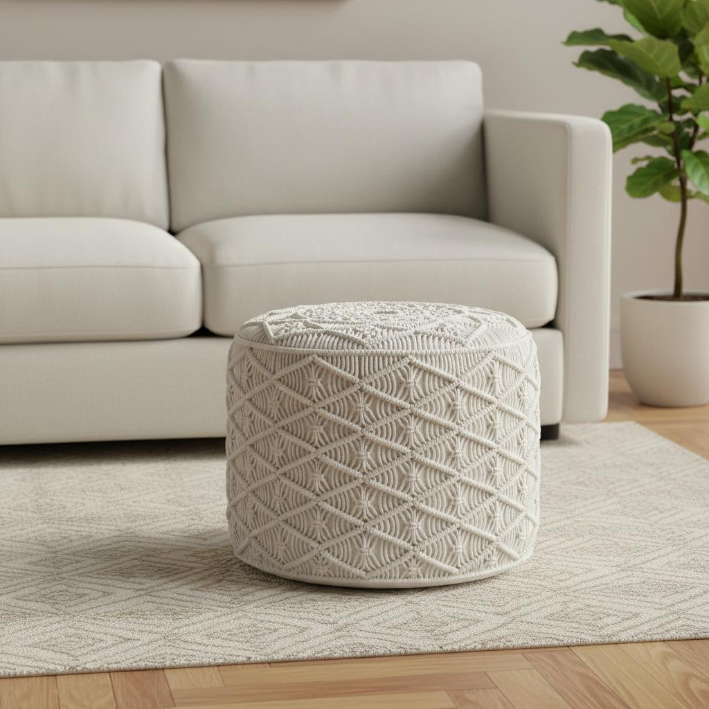 18 Inch Off White Cotton Geometric Round Pouf Ottoman