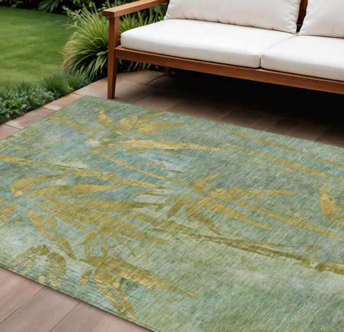 10 X 14 Artichoke Green And Gold Botanical Leaves Washable Indoor Outdoor Area Rug