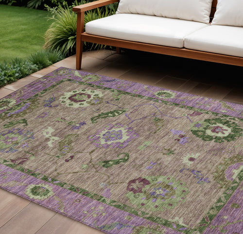 10 X 14 Brown Lavender And Ivory Floral Medallion Washable Indoor Outdoor Area Rug