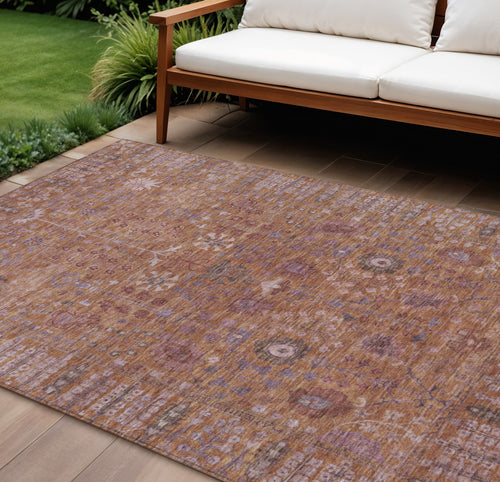 10 X 14 Copper And Purple Floral Washable Indoor Outdoor Area Rug