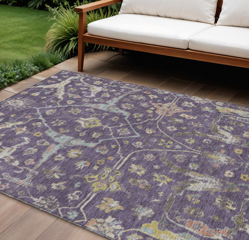 10 X 14 Eggplant Beige And Gold Floral Washable Indoor Outdoor Area Rug