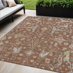 5 X 8 Rust And Ivory Floral Washable Indoor Outdoor Area Rug
