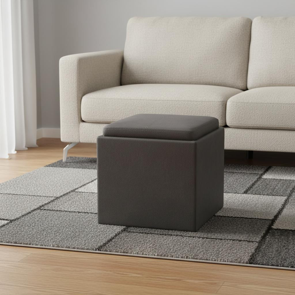 17 Inch Slate Gray Faux Leather Cube Ottoman With Storage