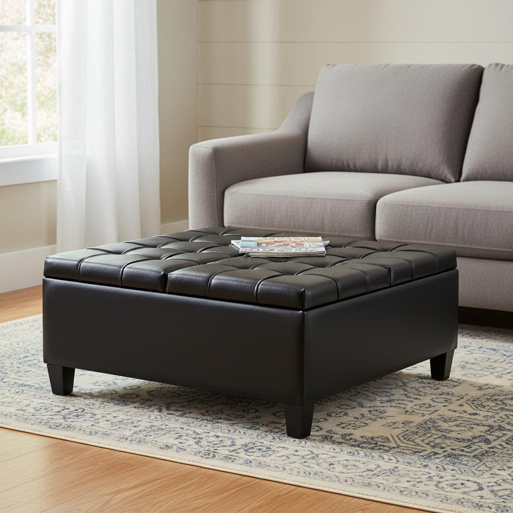 36 Inch Black And Espresso Faux Leather Tufted Ottoman With Storage