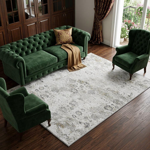 10 X 14 Light Gray And Charcoal Floral Medallion Distressed Washable Area Rug With UV Protection