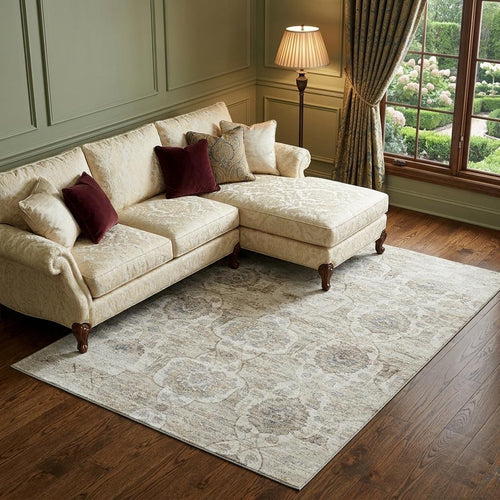 10 X 14 Linen And Ivory Floral Medallion Distressed Washable Area Rug With UV Protection