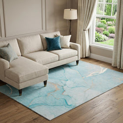 10 X 14 Teal And Ivory Abstract Washable Area Rug With UV Protection