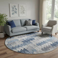 8 Blue Ivory And Gray Geometric Washable Round Rug With UV Protection