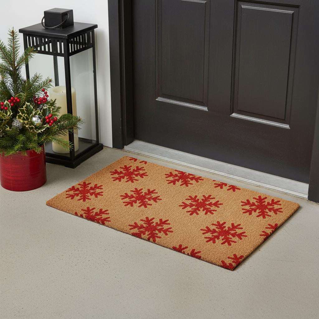 24 X 36 Brown And Red Christmas Snowflake Outdoor Coir Door Mat