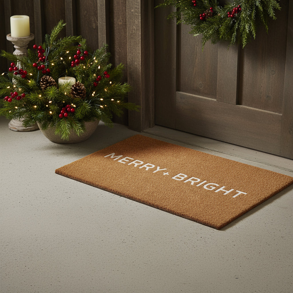 17 X 29 Brown And White Christmas Merry and Bright Outdoor Coir Door Mat