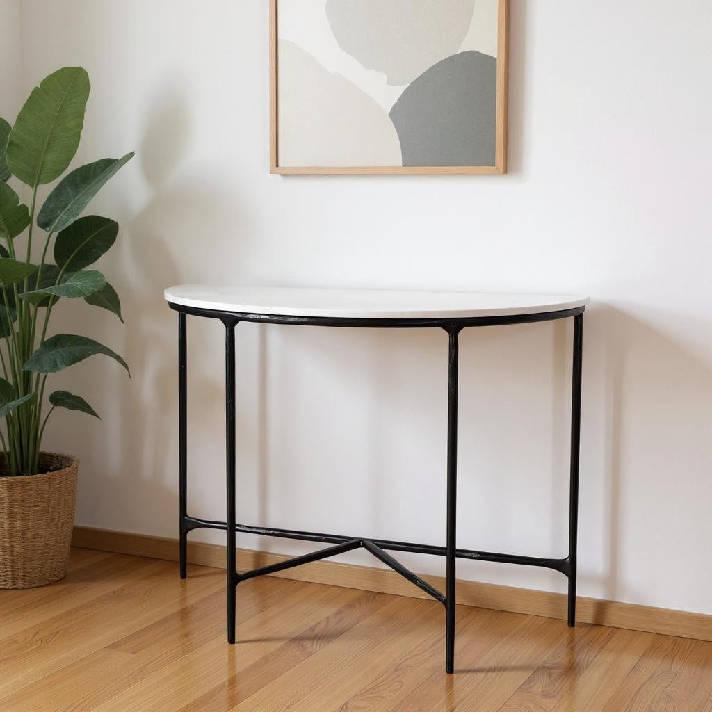 36 White and Black Genuine Marble and Iron Half Moon Console Table