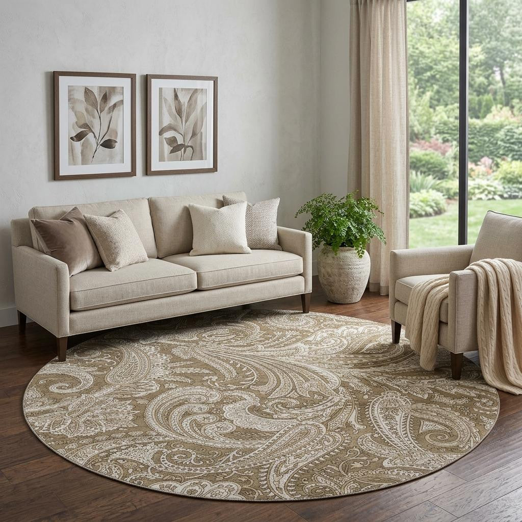 8 Chocolate And Ivory Paisley Washable Round Rug With UV Protection
