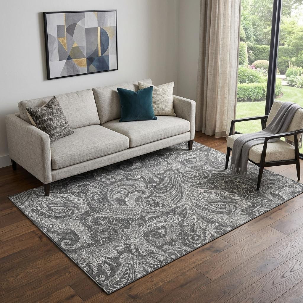 5 X 8 Gray And Ivory Paisley Washable Area Rug With UV Protection
