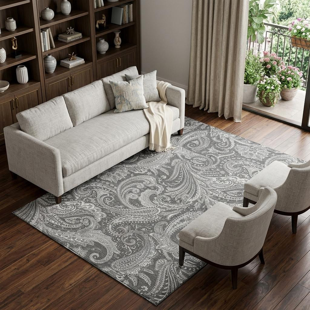 9 X 12 Gray And Ivory Paisley Washable Area Rug With UV Protection