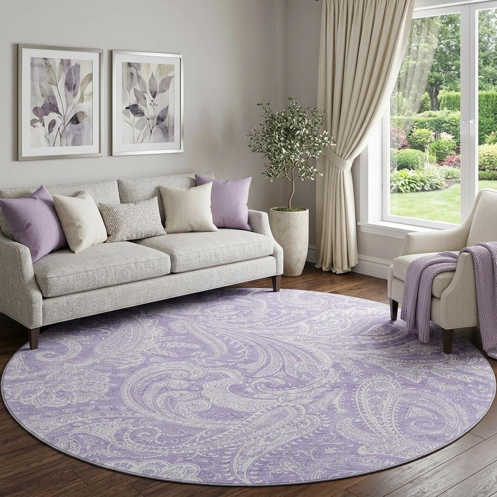 8 Lavender And Ivory Paisley Washable Round Rug With UV Protection