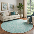 8 Teal And Ivory Paisley Washable Round Rug With UV Protection