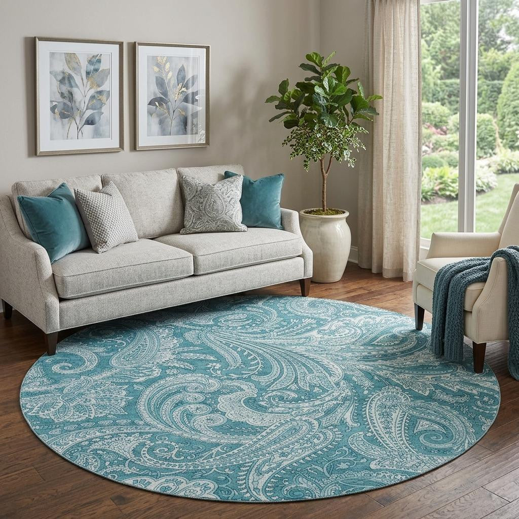 8 Turquoise And Ivory Paisley Washable Round Rug With UV Protection