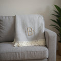 55 X 70 Gray And White Herringbone Cotton Blend B Initial Throw Blanket with Tassels And Embroidery