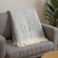 55 X 70 Gray And White Herringbone Cotton Blend D Initial Throw Blanket with Tassels And Embroidery