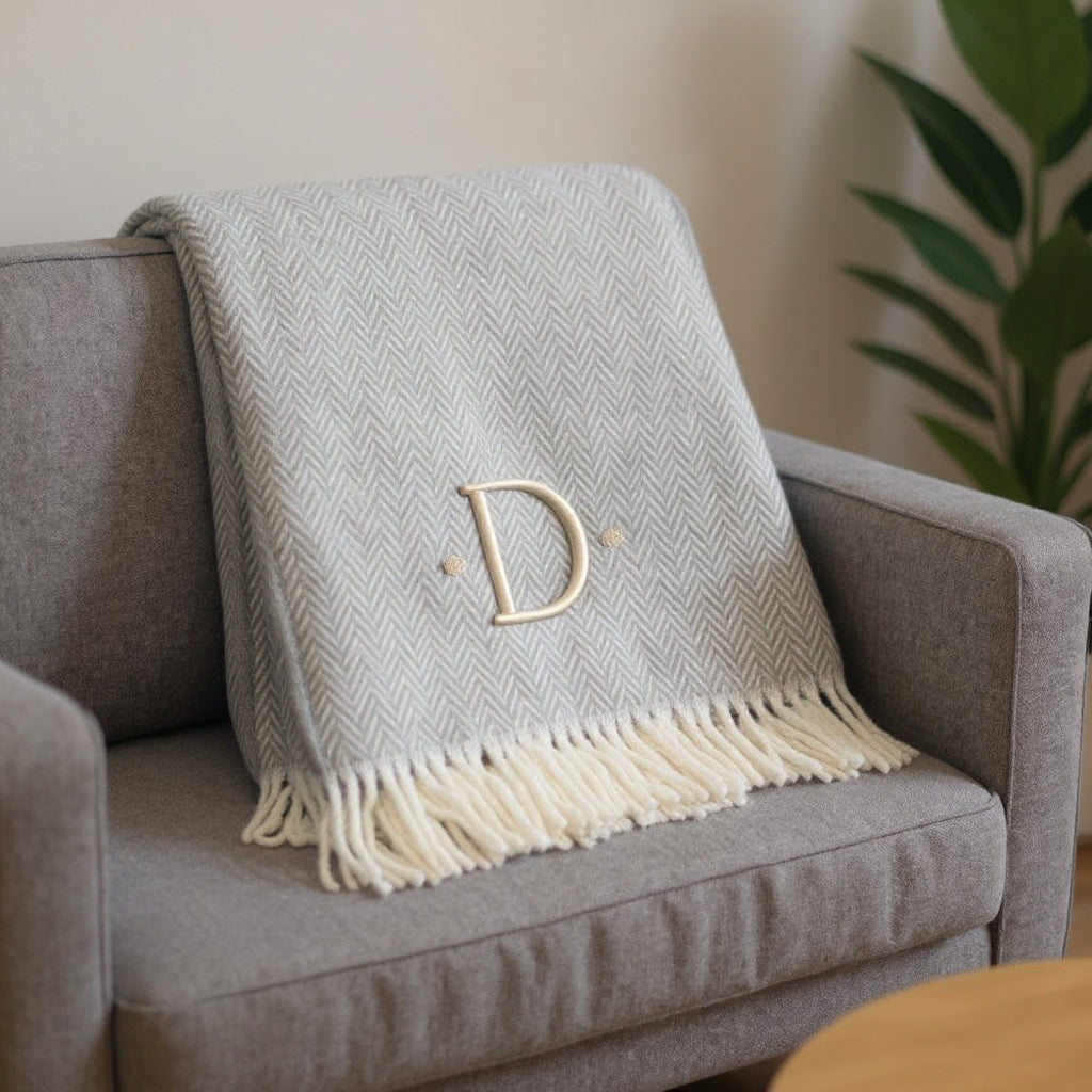 55 X 70 Gray And White Herringbone Cotton Blend D Initial Throw Blanket with Tassels And Embroidery