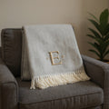 55 X 70 Gray And White Herringbone Cotton Blend E Initial Throw Blanket with Tassels And Embroidery