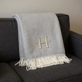 55 X 70 Gray And White Herringbone Cotton Blend H Initial Throw Blanket with Tassels And Embroidery