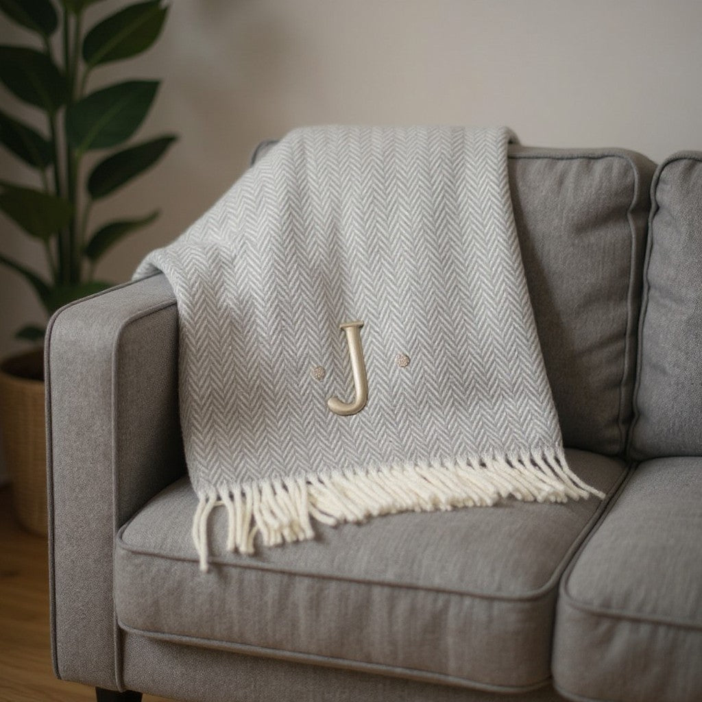 55 X 70 Gray And White Herringbone Cotton Blend J Throw Blanket with Tassels And Embroidery