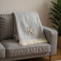 55 X 70 Gray And White Herringbone Cotton Blend K Initial Throw Blanket with Tassels And Embroidery
