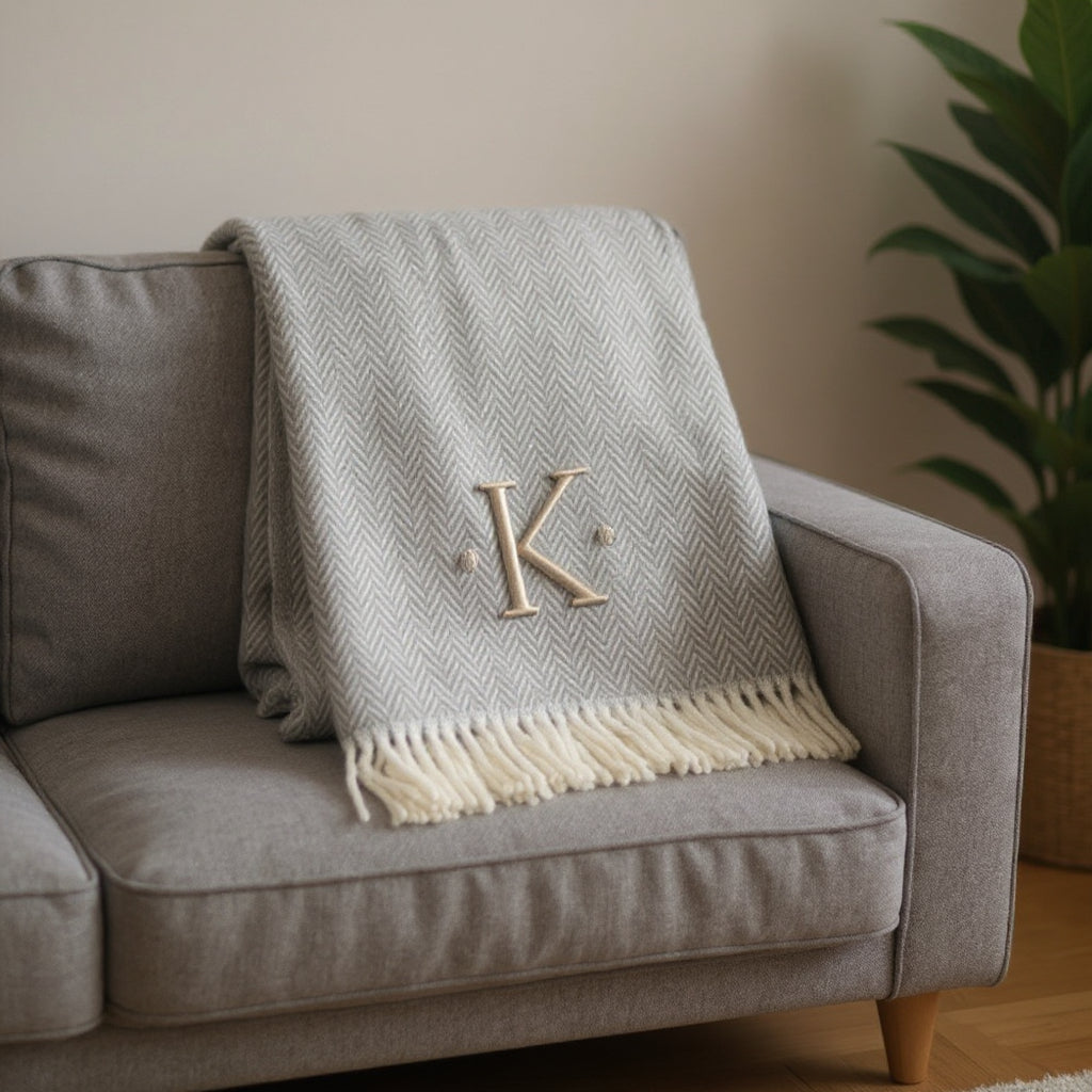 55 X 70 Gray And White Herringbone Cotton Blend K Initial Throw Blanket with Tassels And Embroidery