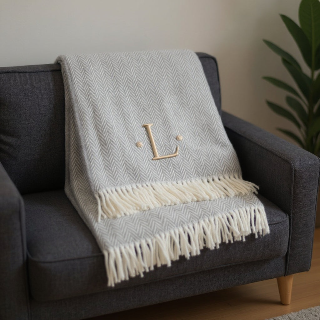 55 X 70 Gray And White Herringbone Cotton Blend L Initial Throw Blanket with Tassels And Embroidery