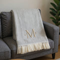 55 X 70 Gray And White Herringbone Cotton Blend M Initial Throw Blanket with Tassels And Embroidery