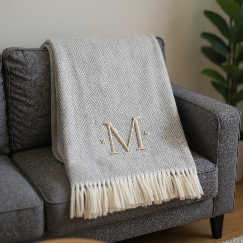 55 X 70 Gray And White Herringbone Cotton Blend M Initial Throw Blanket with Tassels And Embroidery