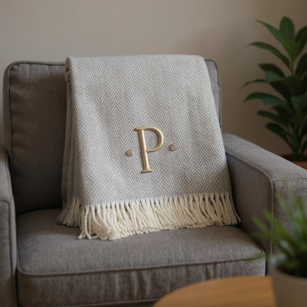 55 X 70 Gray And White Herringbone Cotton Blend P Initial Throw Blanket with Tassels And Embroidery