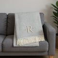 55 X 70 Gray And White Herringbone Cotton Blend R Initial Throw Blanket with Tassels And Embroidery