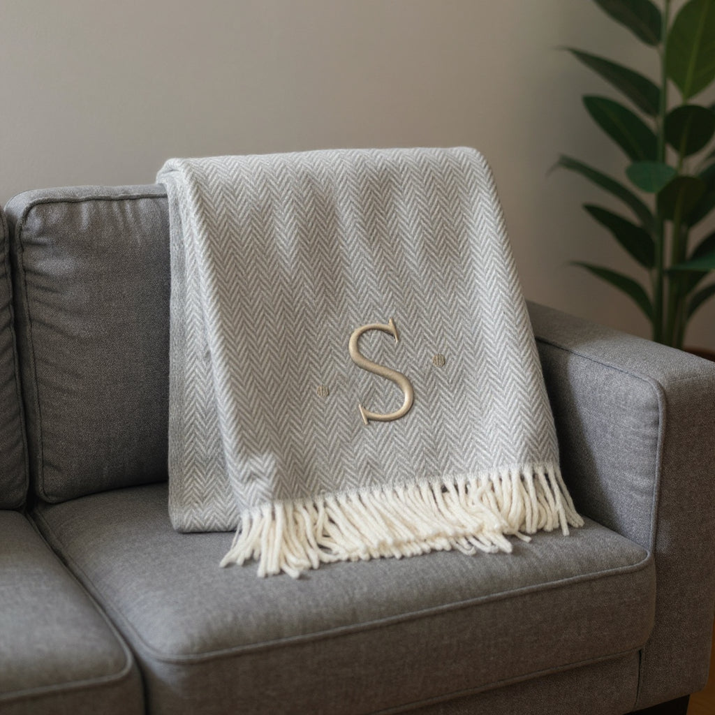 55 X 70 Gray And White Herringbone Cotton Blend S Initial Throw Blanket with Tassels And Embroidery