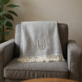 55 X 70 Gray And White Herringbone Cotton Blend U Initial Throw Blanket with Tassels And Embroidery