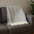55 X 70 Gray And White Herringbone Cotton Blend V Initial Throw Blanket with Tassels And Embroidery