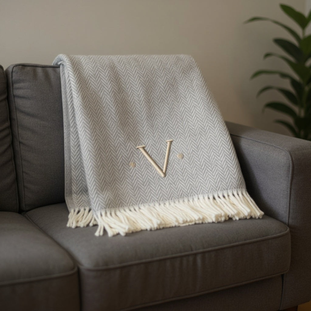 55 X 70 Gray And White Herringbone Cotton Blend V Initial Throw Blanket with Tassels And Embroidery