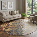 8 Ivory Gray And Gold Abstract Washable Round Rug With UV Protection