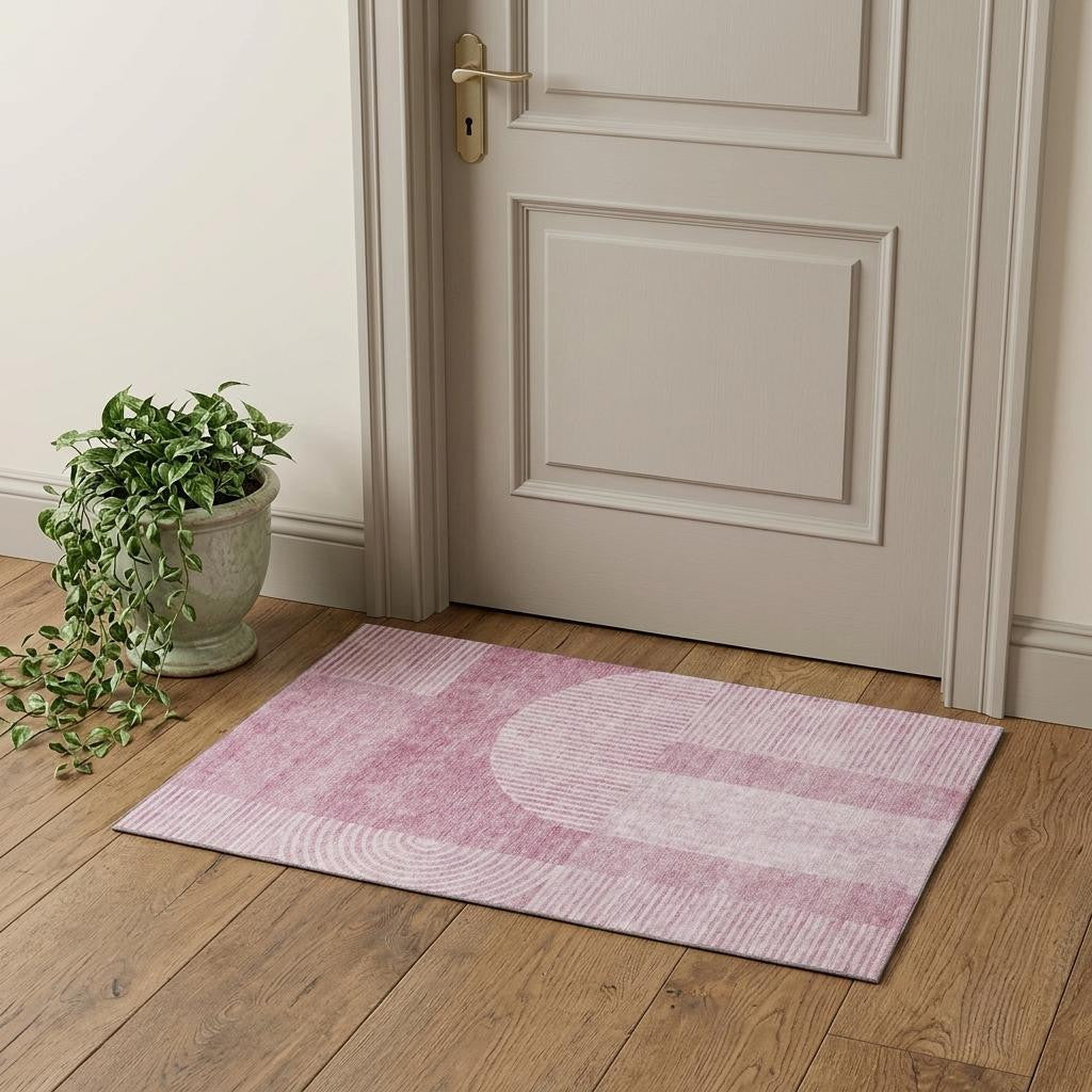 3 X 5 Blush And Ivory Geometric Washable Area Rug With UV Protection
