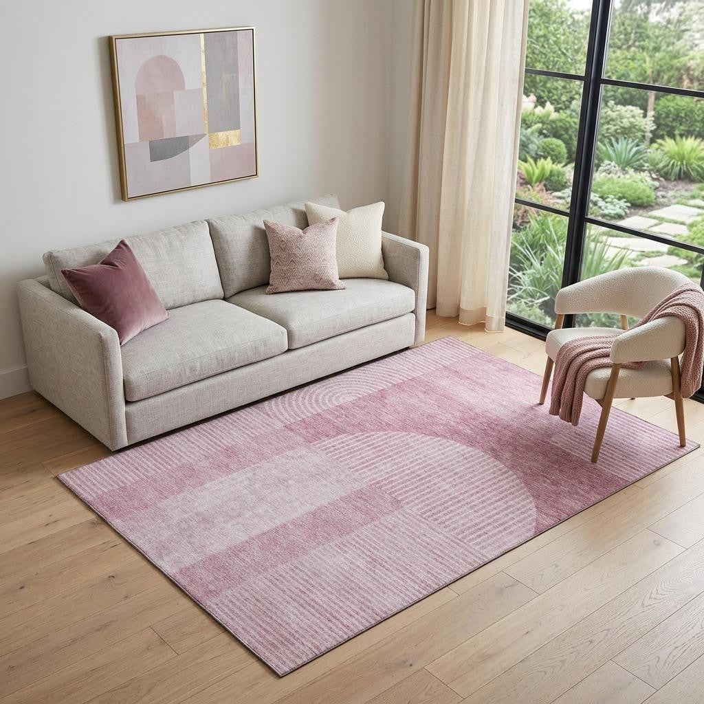 5 X 8 Blush And Ivory Geometric Washable Area Rug With UV Protection