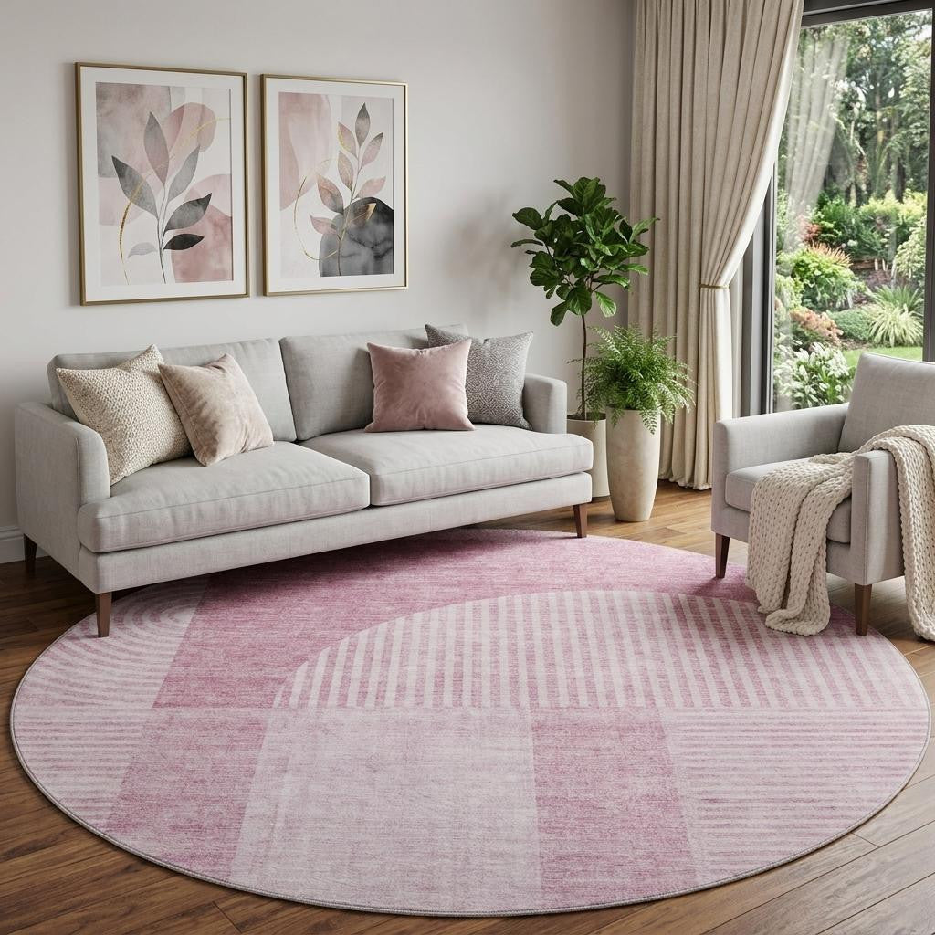 8 Blush And Ivory Geometric Washable Round Rug With UV Protection