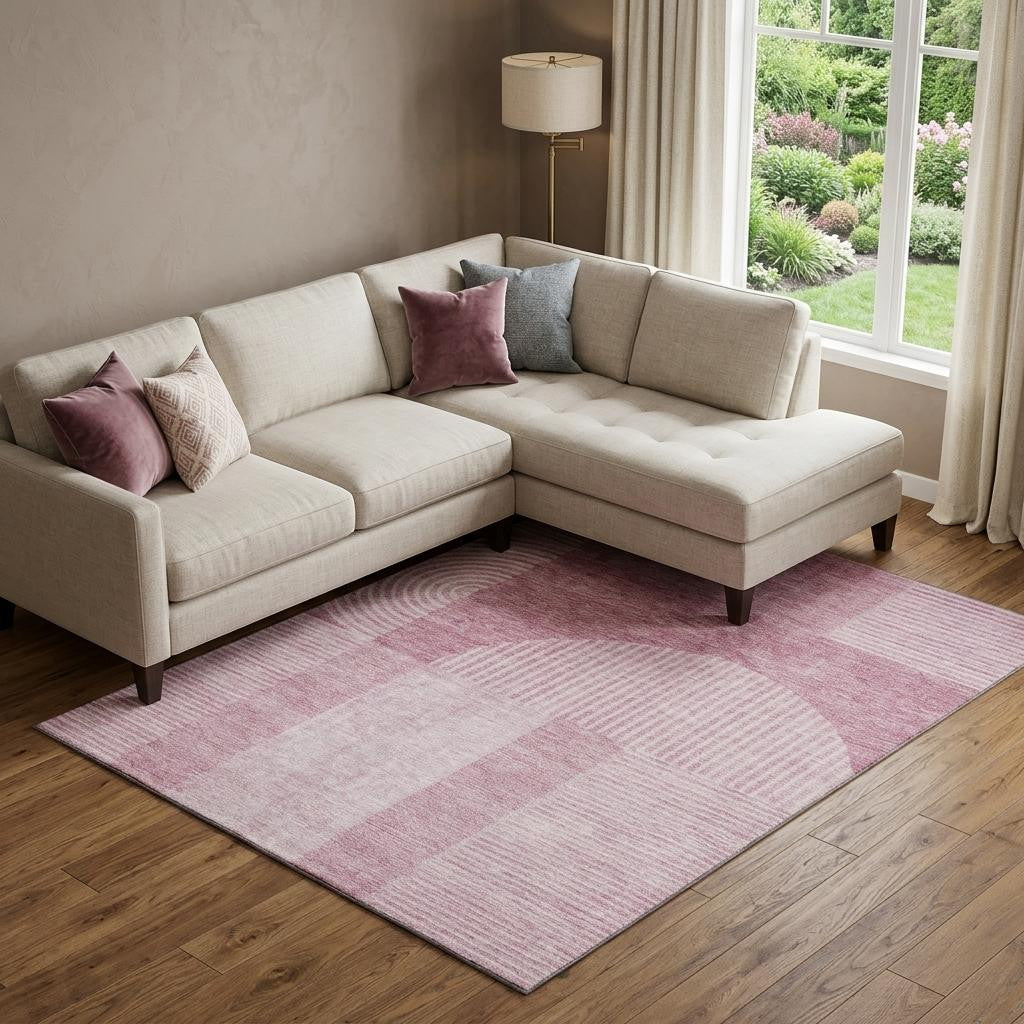 8 X 10 Blush And Ivory Geometric Washable Area Rug With UV Protection