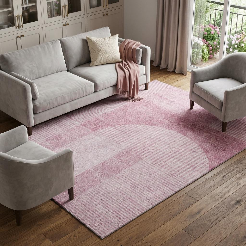 9 X 12 Blush And Ivory Geometric Washable Area Rug With UV Protection