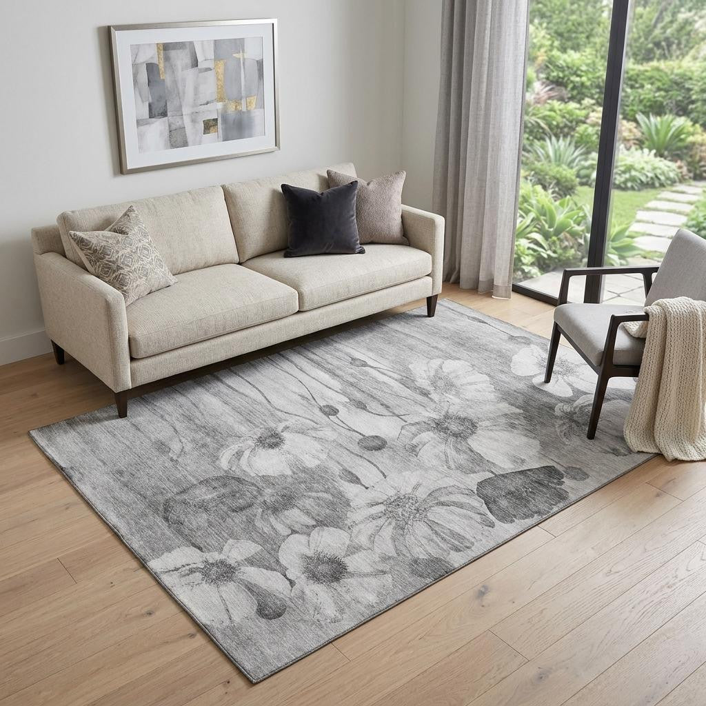5 X 8 Gray And Silver Floral Washable Area Rug With UV Protection